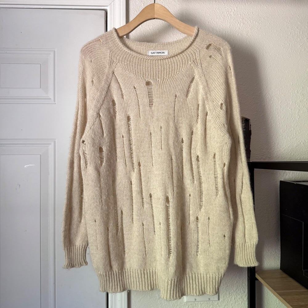 GAT RIMON tan wool distressed lightweight crew long sleeve pullover sweater